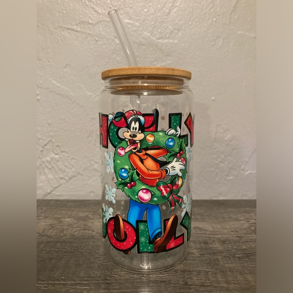 Hand Crafted Holly Jolly Goofy Glass Tumbler